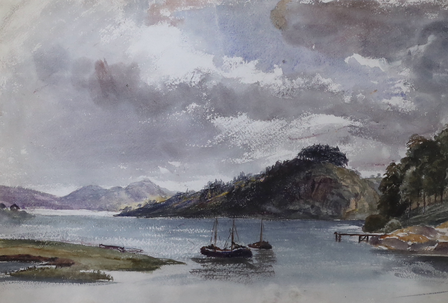 Lord Montagu William Graham (1807-1878), watercolour and pencil, Boats on a loch, 33.5 x 50.7cm, ex Christie's sale The Martyn Gregory Collection of British Art, lot 7, 10th March 2022